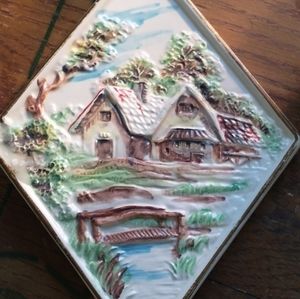 ❤️Vintage Lefton Ceramic Diamond Shaped Tile Country Scene 3D wall Plaque